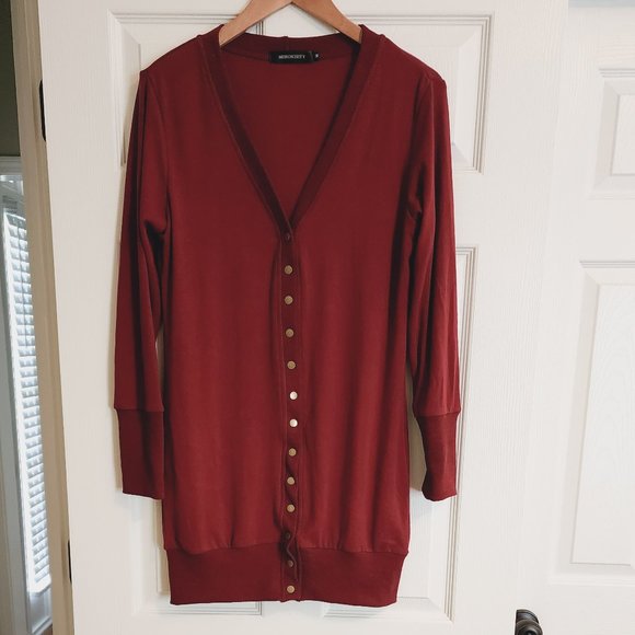 MEROKEETY Burgundy Long Gold Snap Cardigan Sweater Size M - Picture 3 of 12